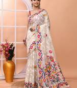 Off white festive wear silk blend multicolor border pallu jamdani saree with running blouse