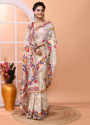 Off white festive wear silk blend multicolor border pallu jamdani saree with running blouse 3