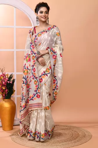 Off white festive wear silk blend multicolor border pallu jamdani saree with running blouse