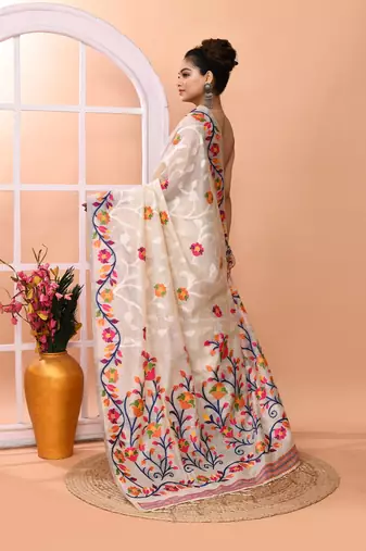 Off white festive wear silk blend multicolor border pallu jamdani saree with running blouse