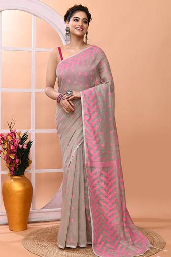 Dark beige office wear cotton blend jamdani saree with running blouse