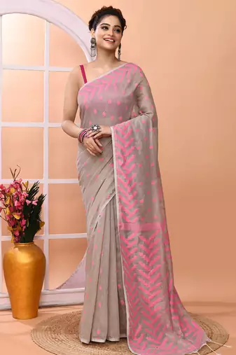 Dark beige office wear cotton blend jamdani saree with running blouse