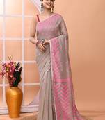 Dark beige office wear cotton blend jamdani saree with running blouse