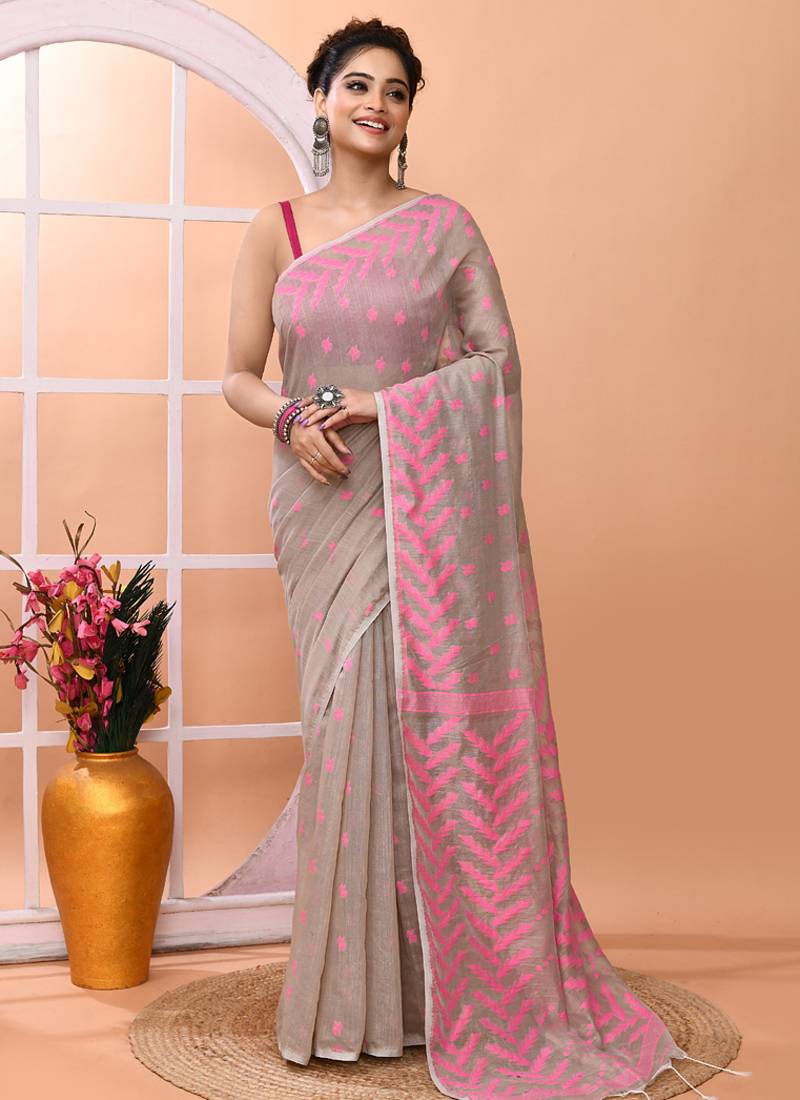Dark beige office wear cotton blend jamdani saree with running blouse