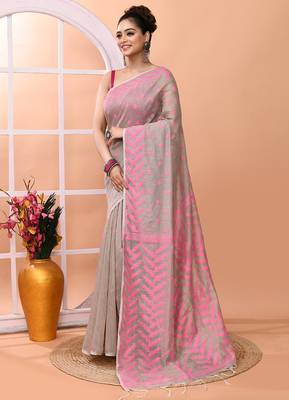 Dark beige office wear cotton blend jamdani saree with running blouse 2