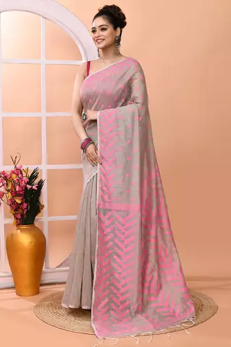 Dark beige office wear cotton blend jamdani saree with running blouse