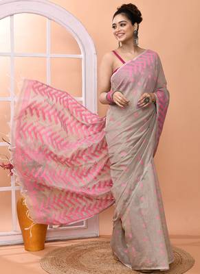 Dark beige office wear cotton blend jamdani saree with running blouse 3