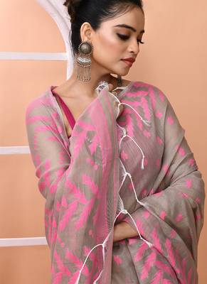 Dark beige office wear cotton blend jamdani saree with running blouse 4
