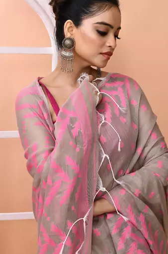 Dark beige office wear cotton blend jamdani saree with running blouse