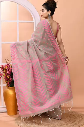 Dark beige office wear cotton blend jamdani saree with running blouse