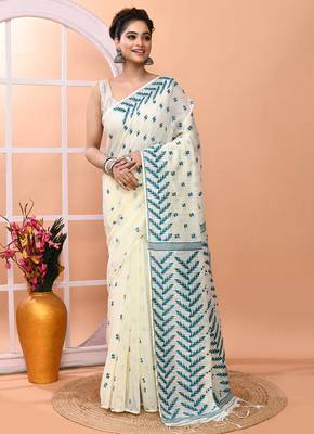 Ivory office wear cotton blend jamdani saree with running blouse 1
