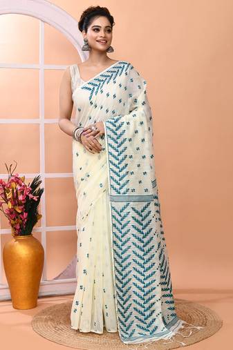 Ivory office wear cotton blend jamdani saree with running blouse