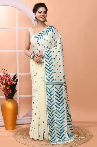 Ivory office wear cotton blend jamdani saree with running blouse