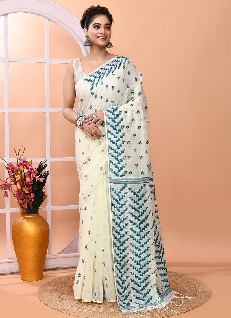 Ivory office wear cotton blend jamdani saree with running blouse