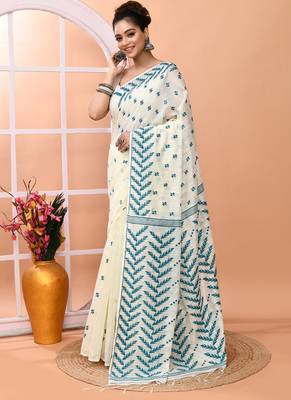 Ivory office wear cotton blend jamdani saree with running blouse 2