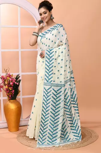 Ivory office wear cotton blend jamdani saree with running blouse