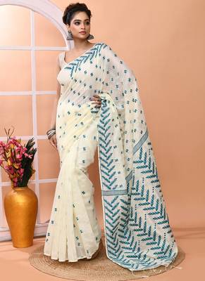 Ivory office wear cotton blend jamdani saree with running blouse 3