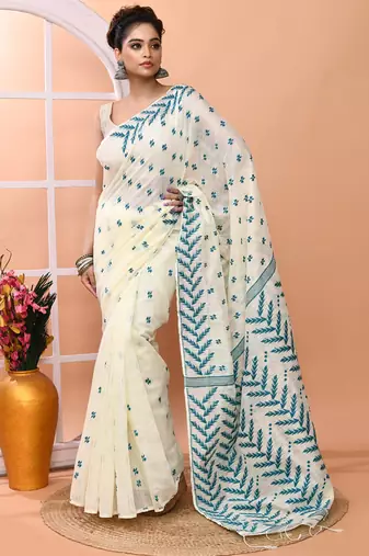 Ivory office wear cotton blend jamdani saree with running blouse