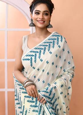 Ivory office wear cotton blend jamdani saree with running blouse 4