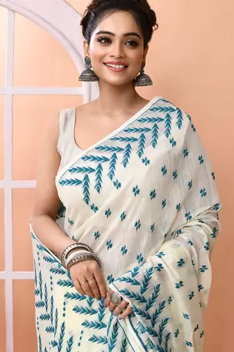 Ivory office wear cotton blend jamdani saree with running blouse