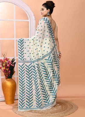Ivory office wear cotton blend jamdani saree with running blouse 5