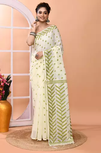 Ivory office wear cotton blend jamdani saree with running blouse