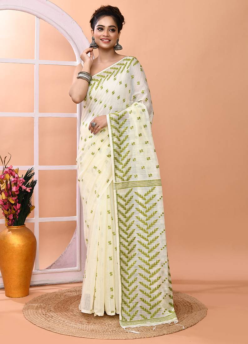 Ivory office wear cotton blend jamdani saree with running blouse