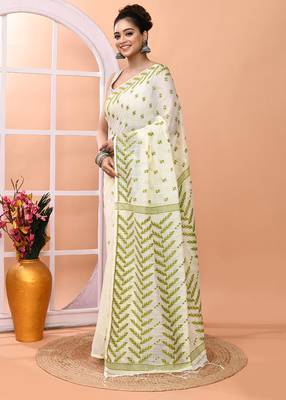 Ivory office wear cotton blend jamdani saree with running blouse 2