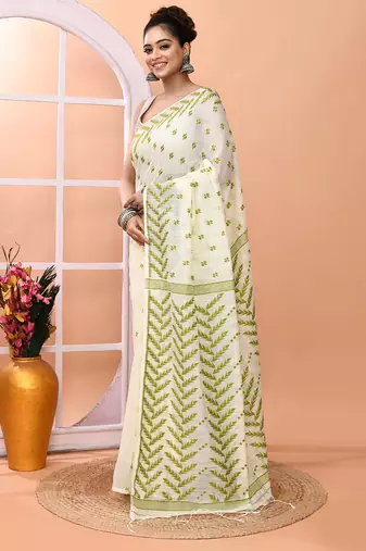 Ivory office wear cotton blend jamdani saree with running blouse