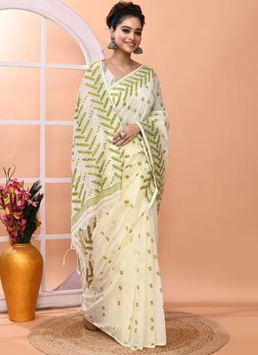 Ivory office wear cotton blend jamdani saree with running blouse 3
