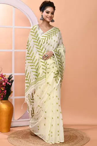 Ivory office wear cotton blend jamdani saree with running blouse