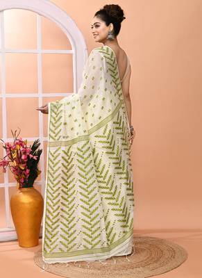 Ivory office wear cotton blend jamdani saree with running blouse 5