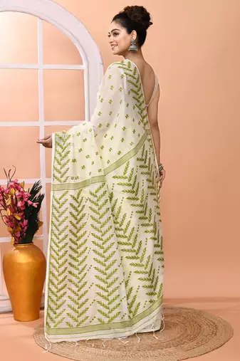 Ivory office wear cotton blend jamdani saree with running blouse