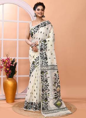 Ivory office wear cotton blend jamdani saree with running blouse 1