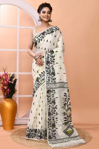 Ivory office wear cotton blend jamdani saree with running blouse