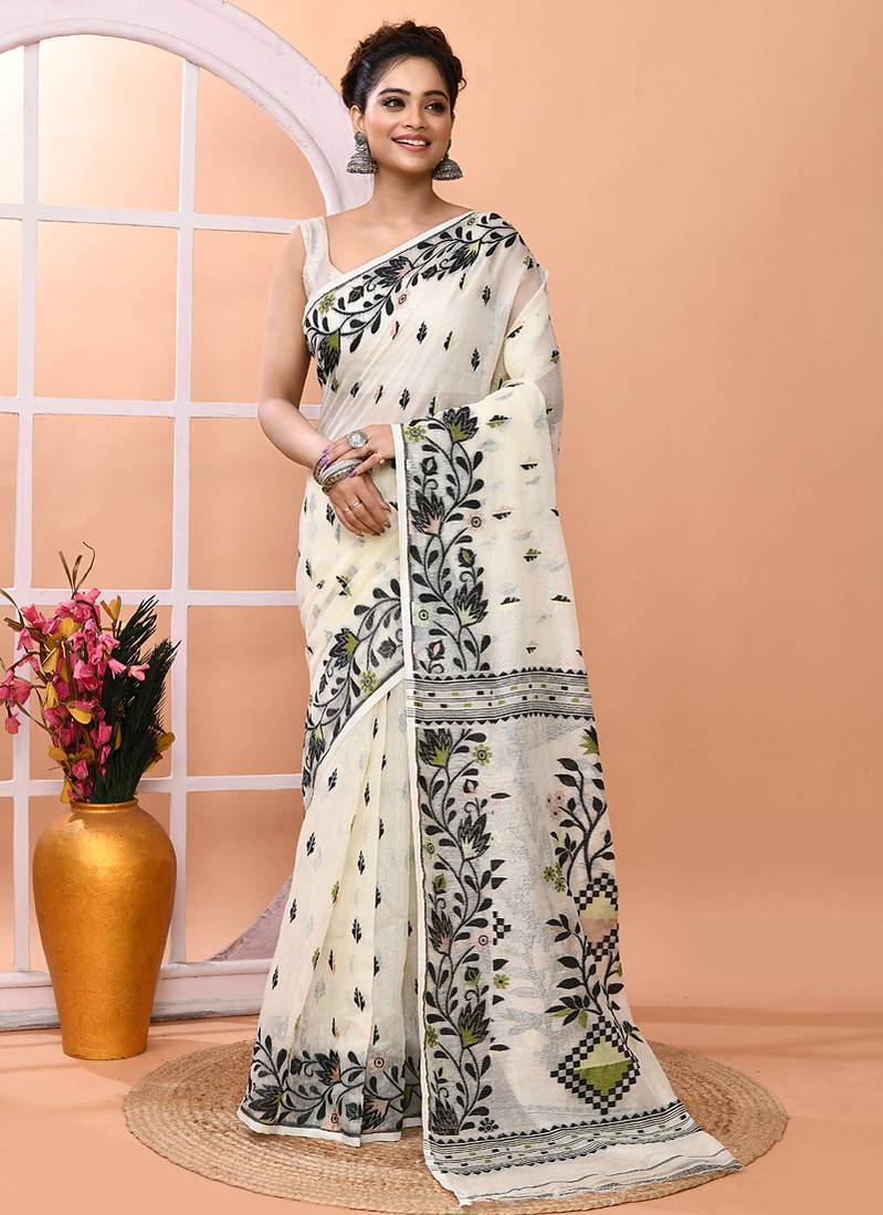 Ivory office wear cotton blend jamdani saree with running blouse