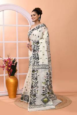Ivory office wear cotton blend jamdani saree with running blouse 2