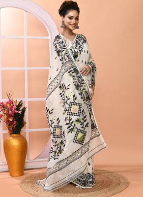 Ivory office wear cotton blend jamdani saree with running blouse 3