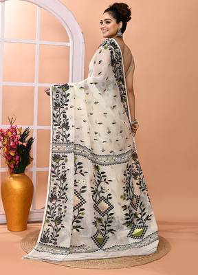 Ivory office wear cotton blend jamdani saree with running blouse 5