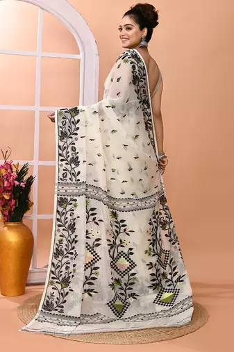 Ivory office wear cotton blend jamdani saree with running blouse