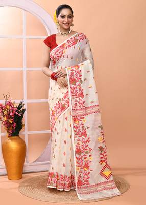 Ivory office wear cotton blend jamdani saree with running blouse 1