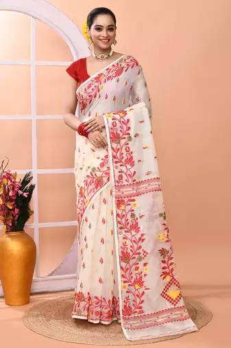 Ivory office wear cotton blend jamdani saree with running blouse