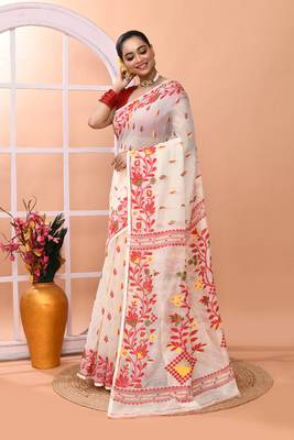 Ivory office wear cotton blend jamdani saree with running blouse 2