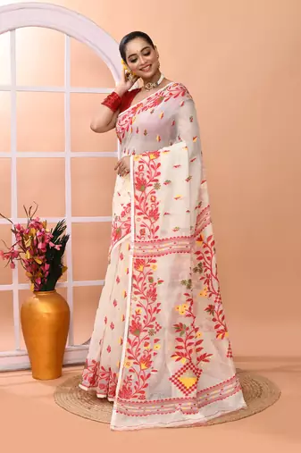 Ivory office wear cotton blend jamdani saree with running blouse