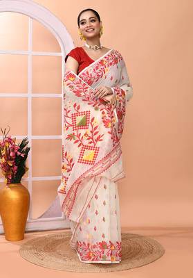 Ivory office wear cotton blend jamdani saree with running blouse 3