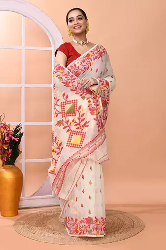 Ivory office wear cotton blend jamdani saree with running blouse