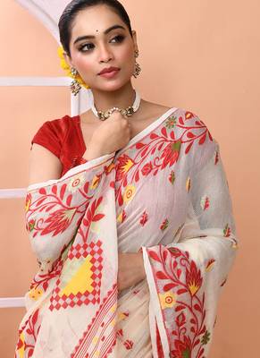 Ivory office wear cotton blend jamdani saree with running blouse 4