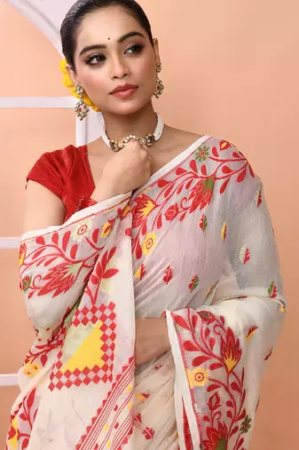 Ivory office wear cotton blend jamdani saree with running blouse