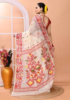 Ivory office wear cotton blend jamdani saree with running blouse 5