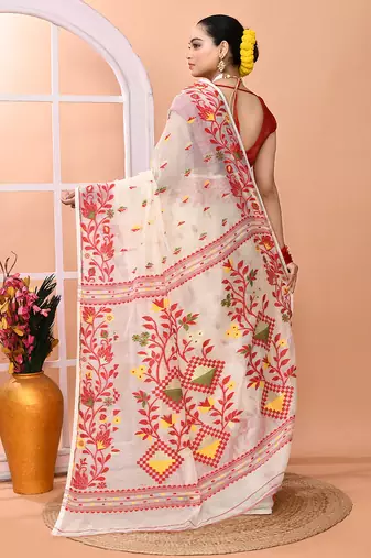 Ivory office wear cotton blend jamdani saree with running blouse